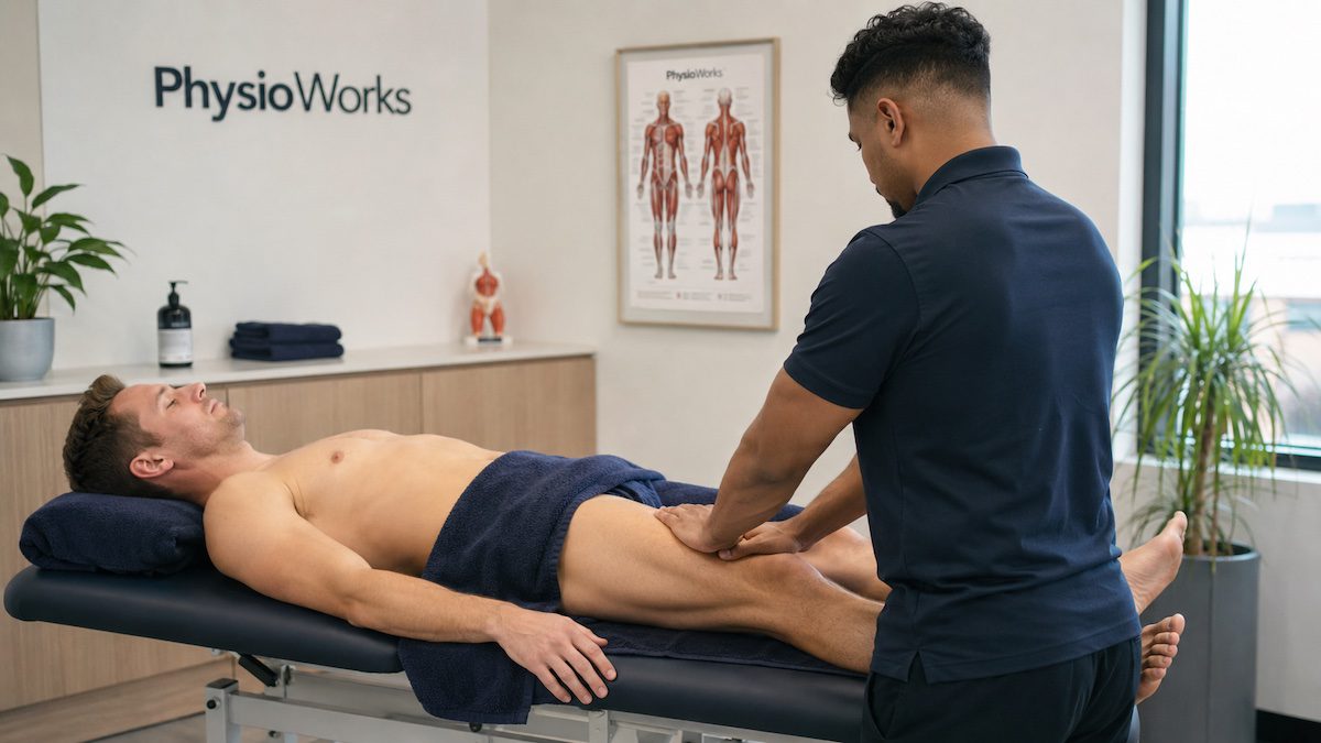 Sports recovery massage treating quadriceps tightness after exercise recovery session