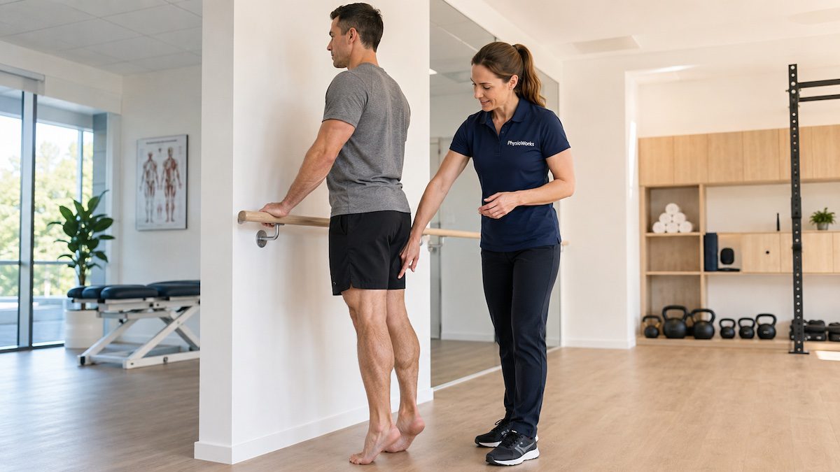 tendon-healing-physiotherapy-achilles-calf-raise-rehab Tendon healing physiotherapy guiding Achilles calf raise rehabilitation exercise