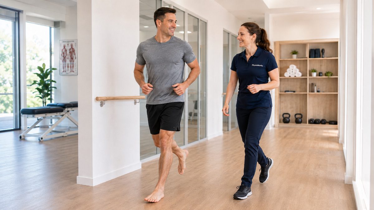 tendon-healing-return-to-running-physiotherapy-rehab Tendon healing recovery showing confident light running after calf strengthening
