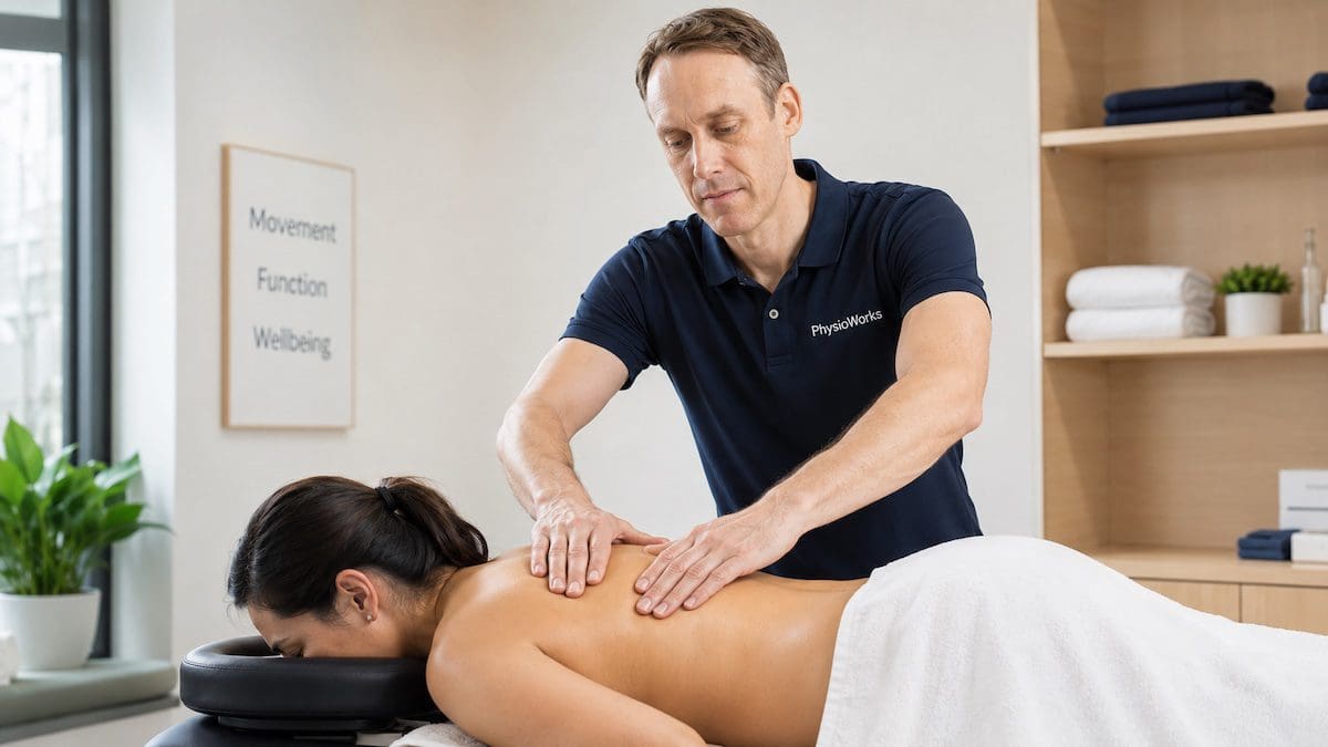 Sandgate massage therapist treating upper back and shoulder tension