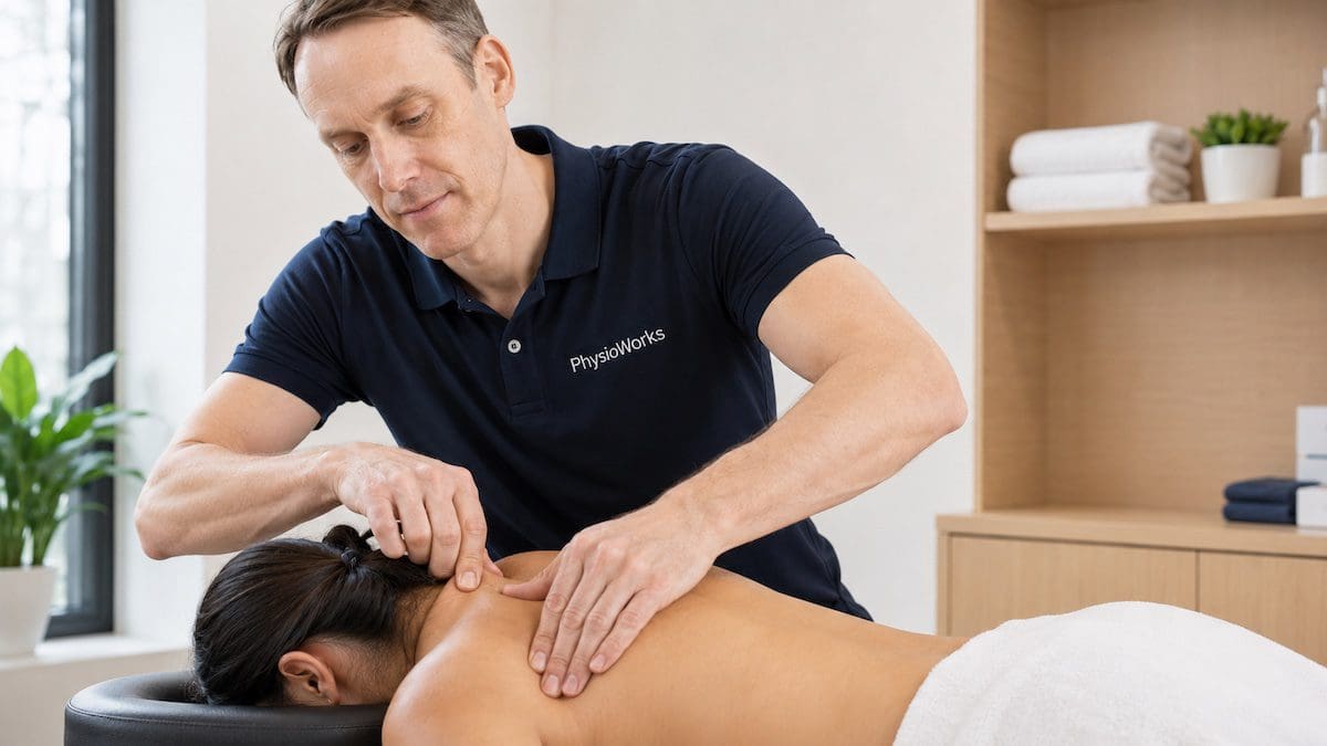 Therapeutic massage using thumb pressure on upper trapezius muscle tension