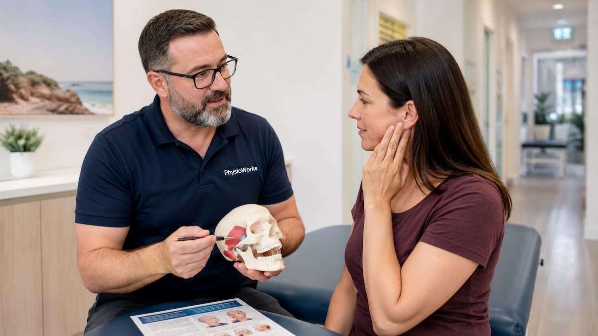 Physiotherapist assessing mouth opening and jaw movement for TMJ symptoms