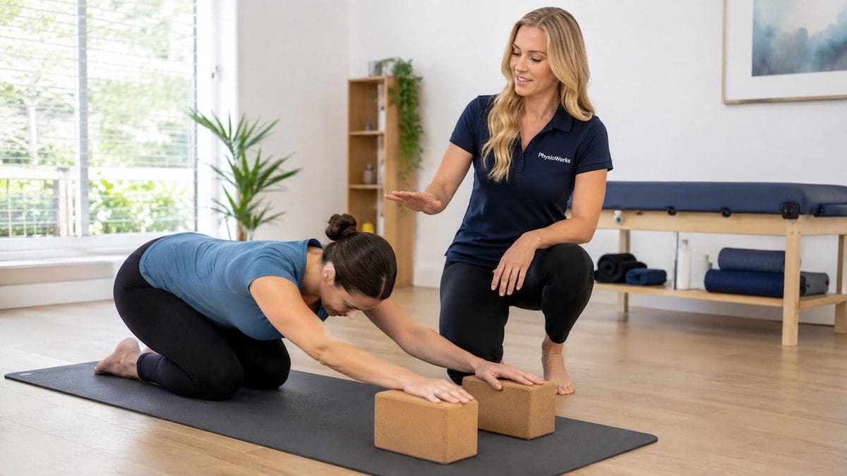 Yoga benefits supported by modified stretch using blocks for safe movement