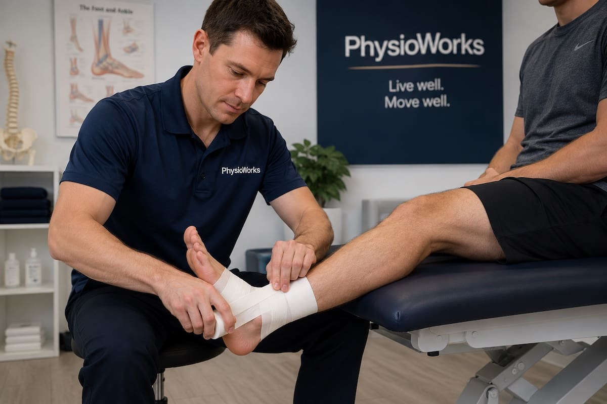 Ankle strapping supporting the lateral ankle during sport return
