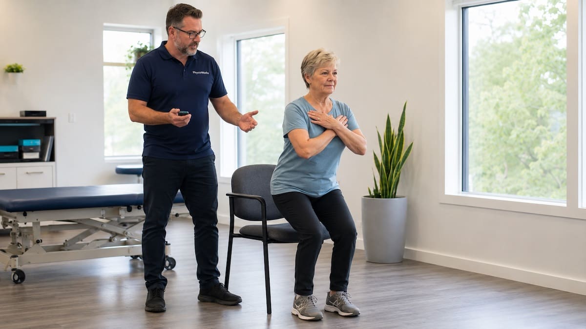 Balance assessment sit-to-stand test checking feet, ankles, knees and hips