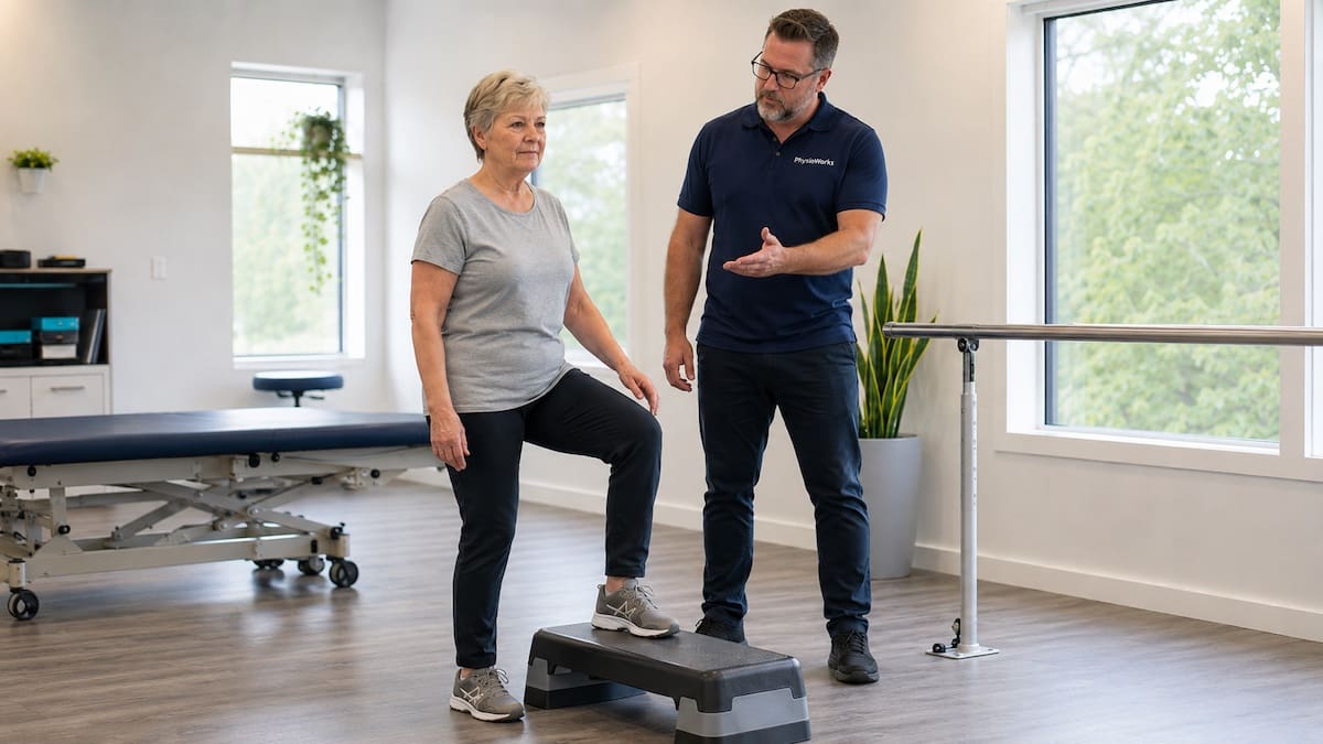 Balance assessment step-and-reach drill checking feet, ankles, knees and hips