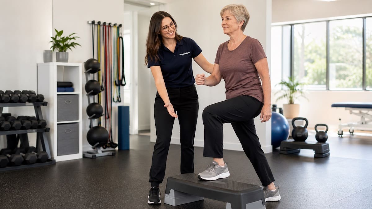 bone-density-class-brisbane-step-up-balance Bone Density Class Brisbane step-up balance exercise for leg strength confidence