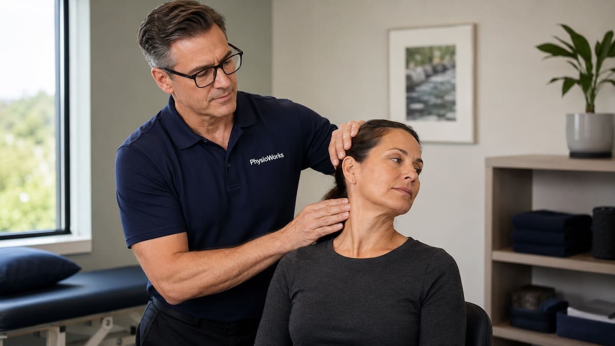 Physiotherapist assessing neck rotation for cervical facet joint pain