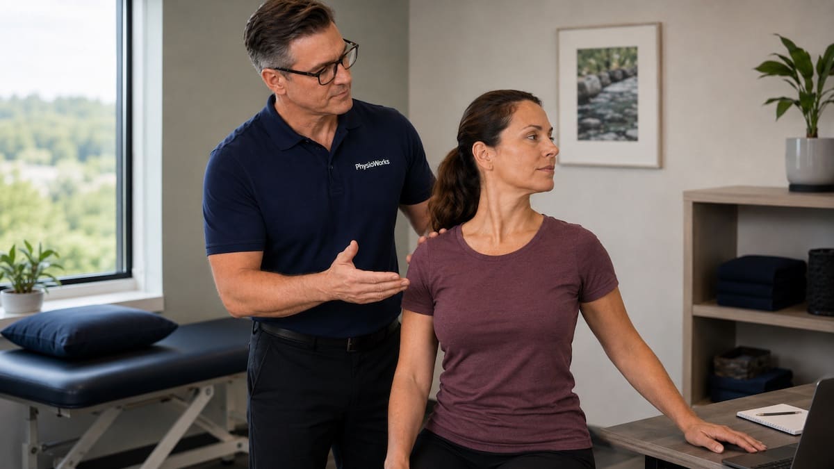 Physiotherapist coaching controlled neck rotation exercise for cervical facet pain