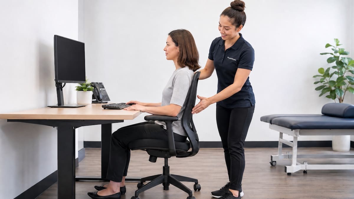correct sitting posture desk assessment with physiotherapist coaching spinal alignment