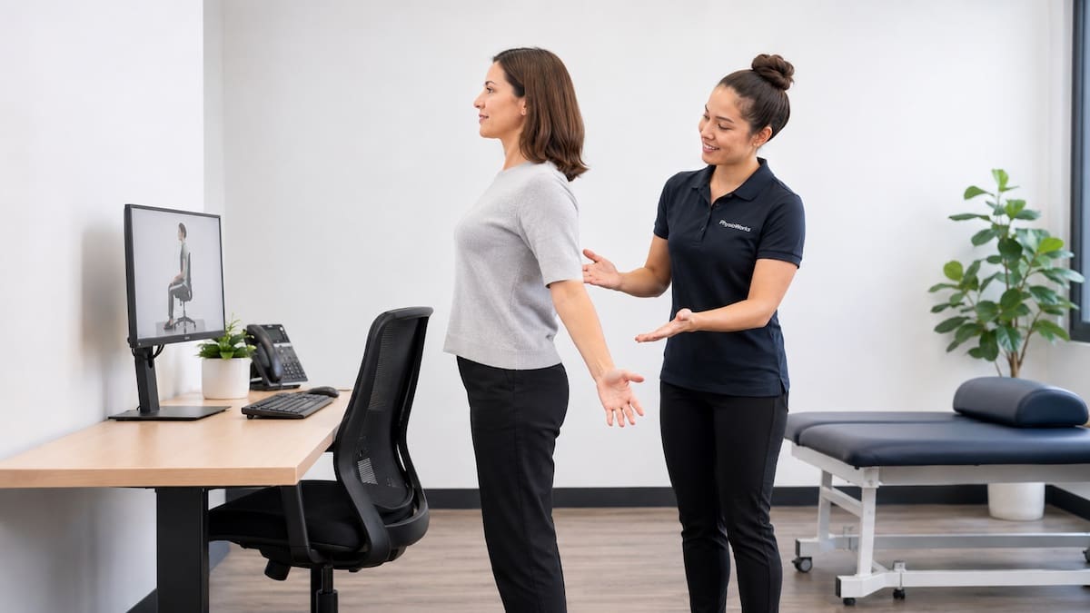 correct sitting posture movement break with thoracic extension and physio coaching