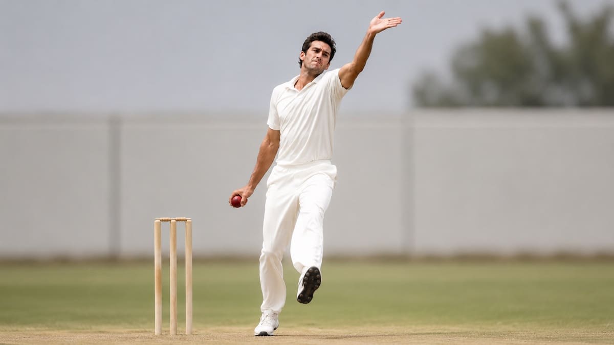 Fast bowler delivering a cricket ball during match play