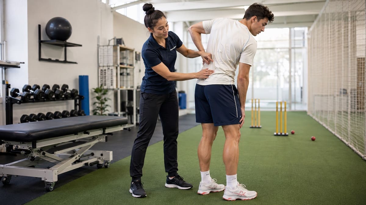 Physiotherapist assessing a cricketer with lower-back pain