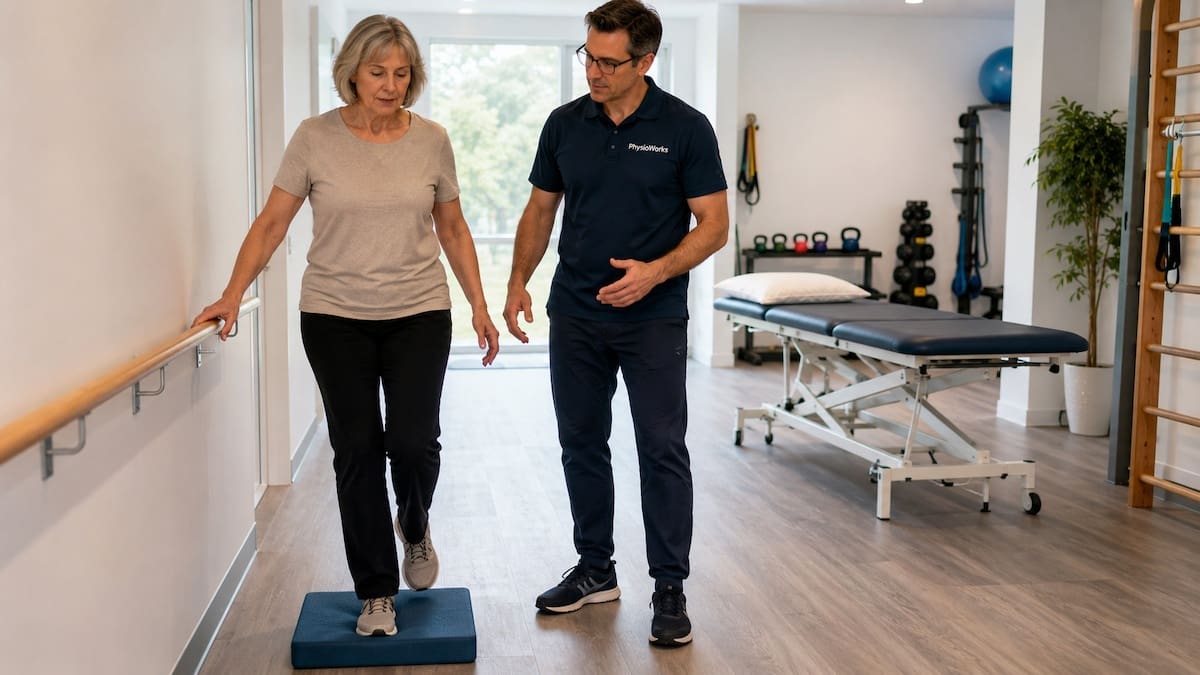 Dizziness recovery supported with standing balance control drill.