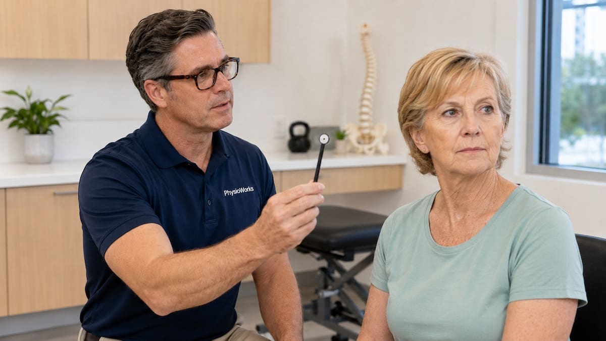 Dizziness assessment using seated head movement and eye focus testing.