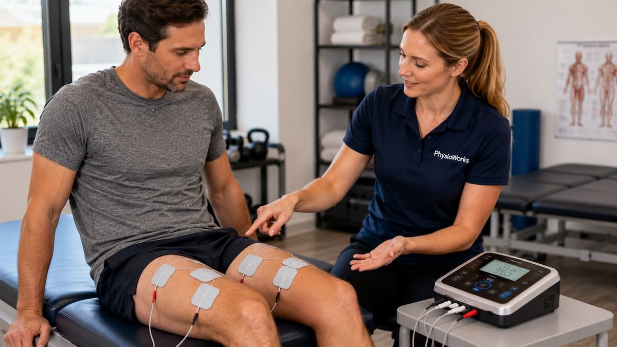 EMS machine creating a controlled quadriceps muscle contraction during rehabilitation
