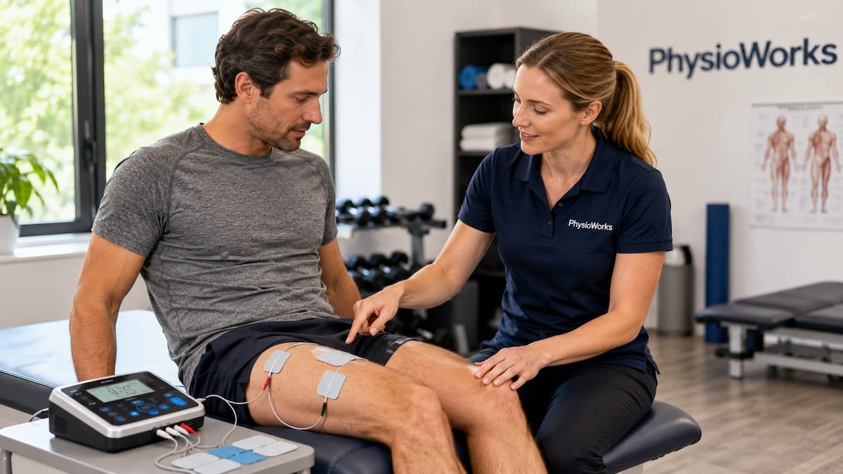 EMS machine pads positioned over the quadriceps during physiotherapy rehabilitation