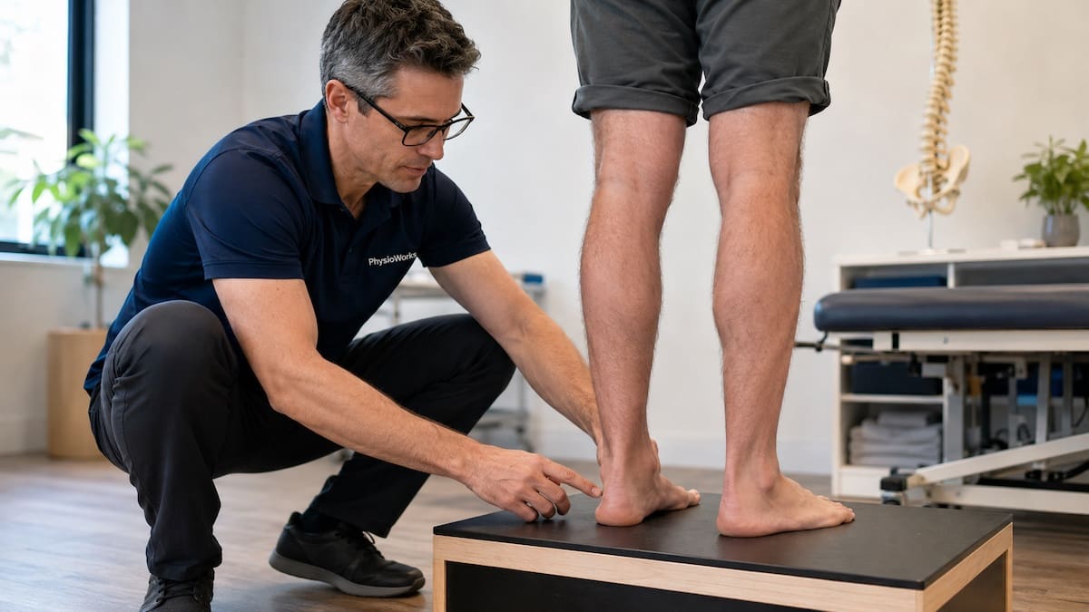 Flat feet standing arch assessment by physiotherapist checking rearfoot alignment