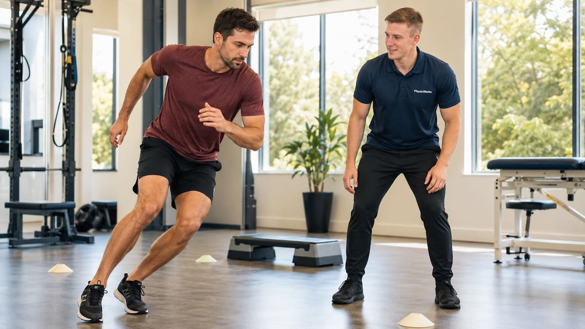 Common football injuries cutting rehab showing ankle knee and hip return-to-sport control