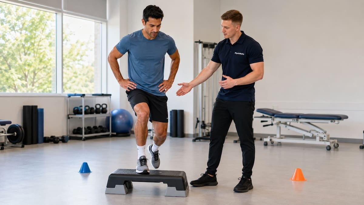Football injuries step-down rehab showing knee ankle and hip control