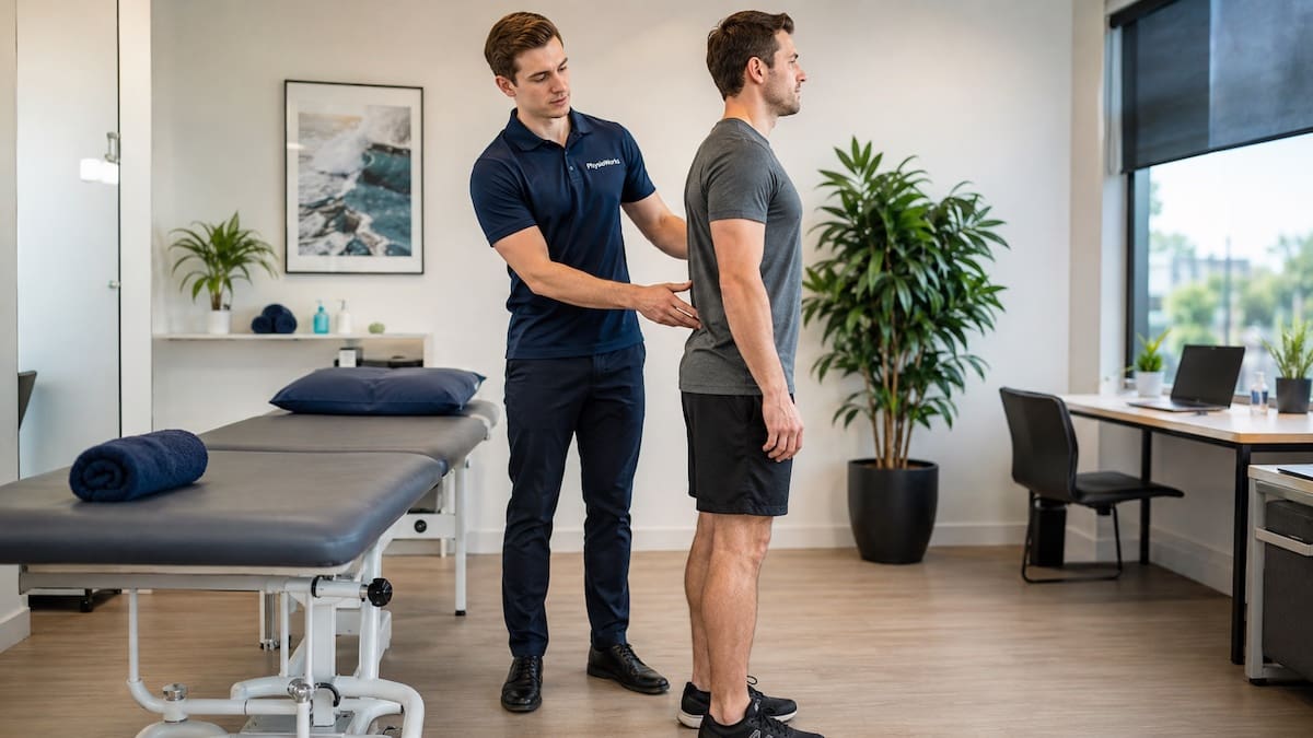 good-back-posture-assessment Good back posture assessment by physiotherapist in clinic