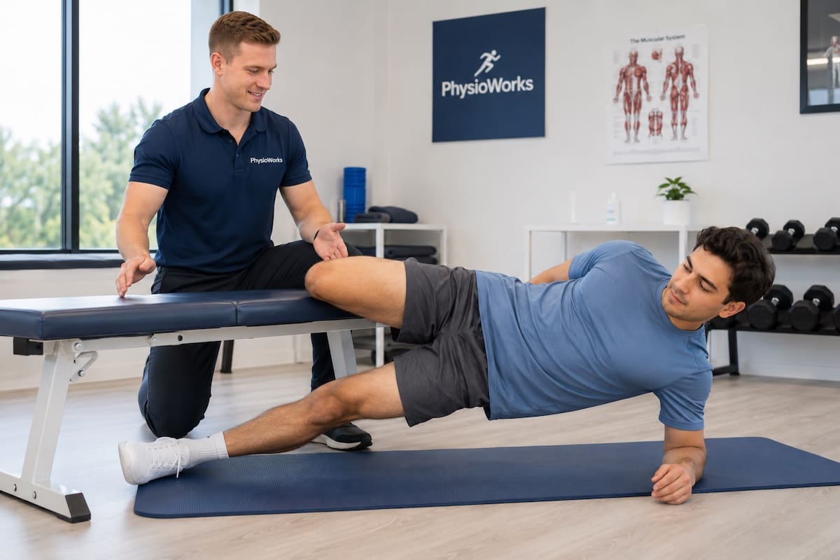 Groin strain rehab inner thigh adductor loading during Copenhagen exercise