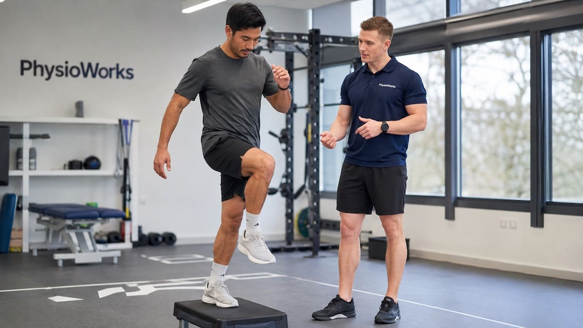High ankle sprain physiotherapy assessment showing syndesmosis pain and ankle stability testing