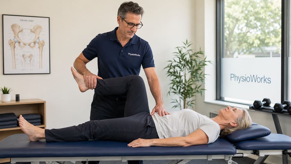 Hip arthritis physiotherapy assessment checking hip stiffness and groin pain.