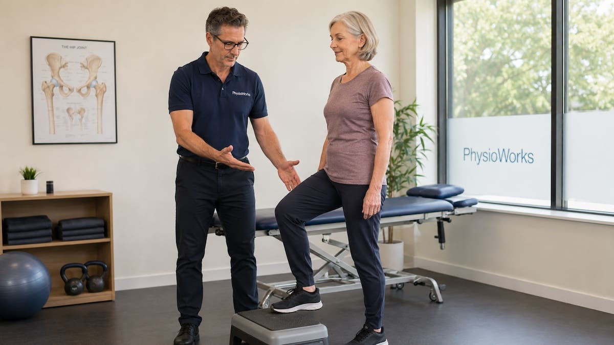 Hip arthritis rehab step-up practice improving walking and stair confidence.