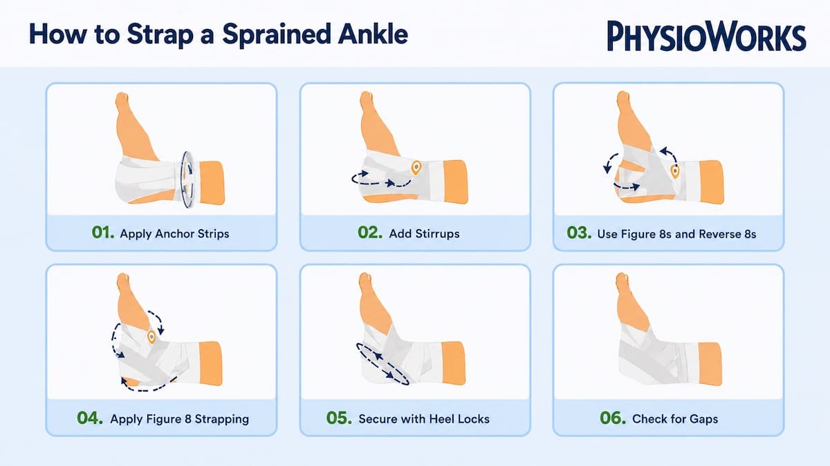 Step-by-step ankle strapping infographic showing how to tape a sprained ankle.