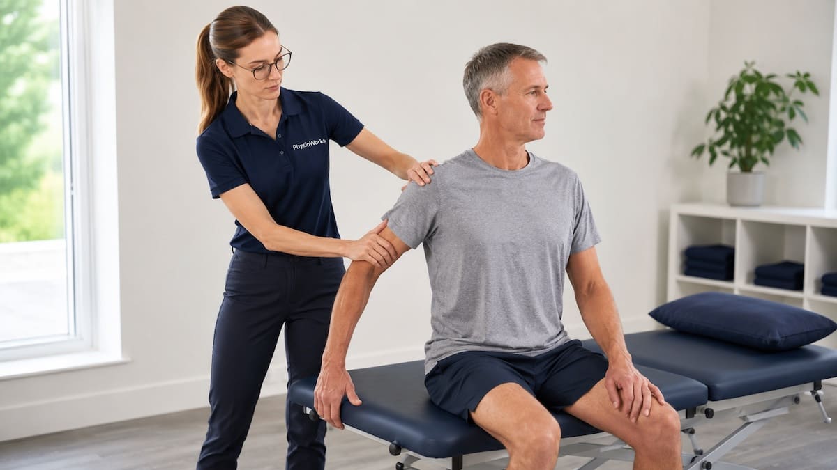 Joint mobilisation shoulder treatment with physio guiding a manual joint glide