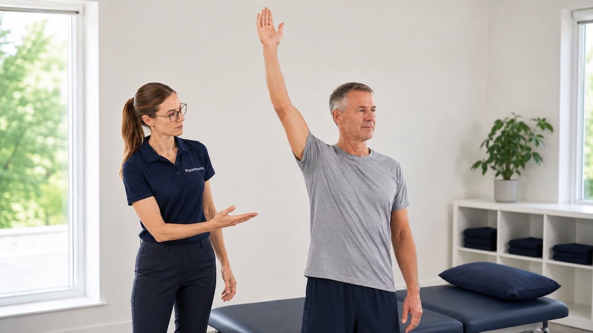 Joint mobilisation shoulder range test with Erin checking overhead movement