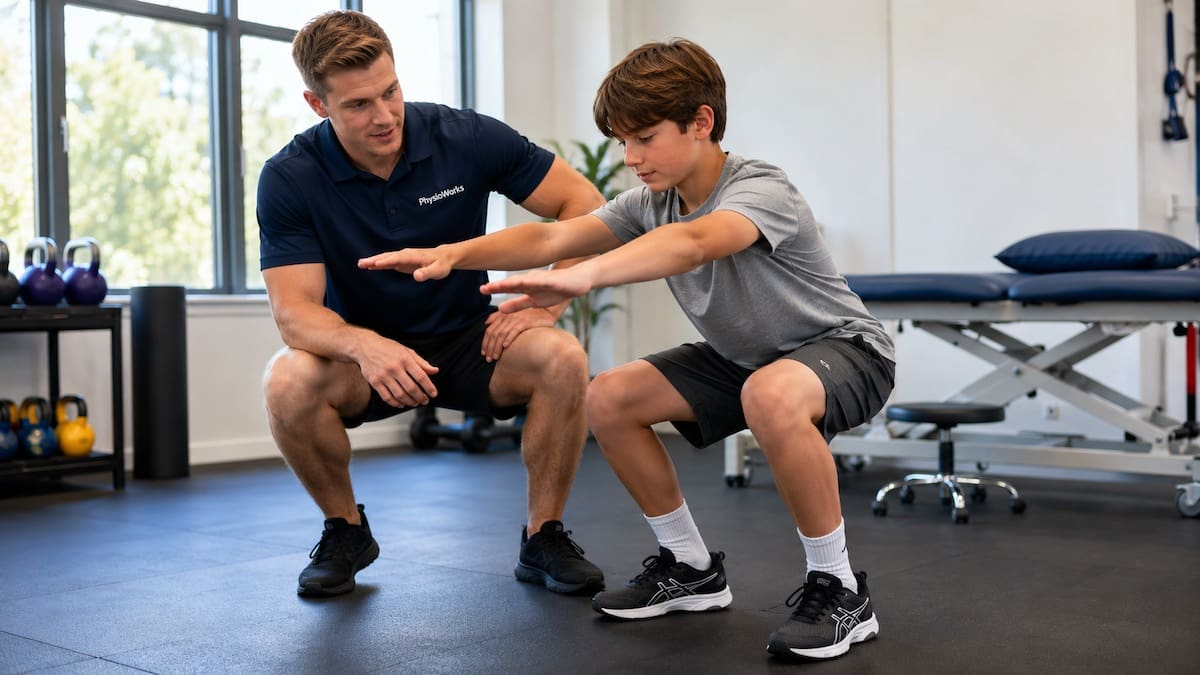 Physiotherapist assessing a child’s squat and lower-limb control