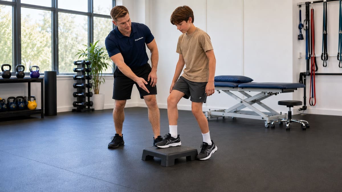 Child completing a supervised step-down exercise for lower-limb control