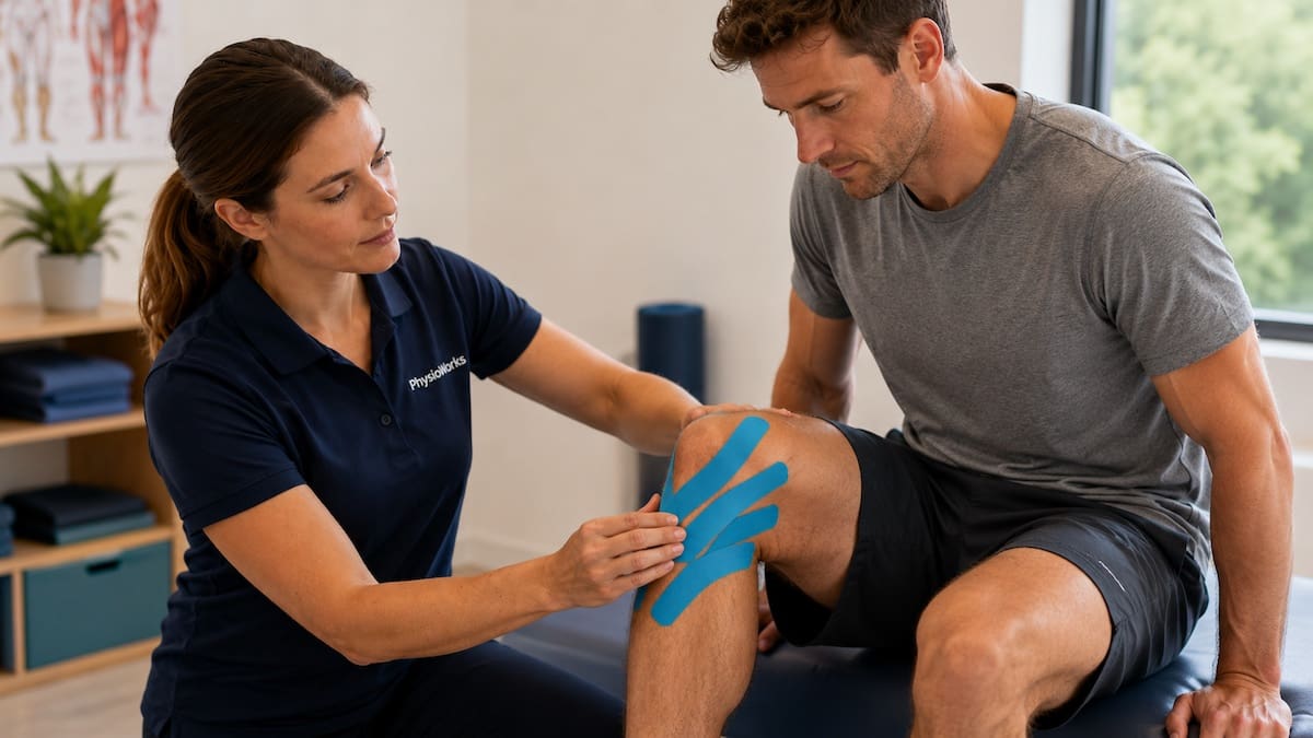 Kinesiology tape fan pattern supporting knee swelling management