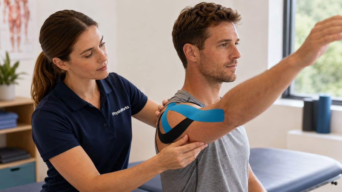 Kinesiology tape supporting active shoulder movement during physiotherapy care