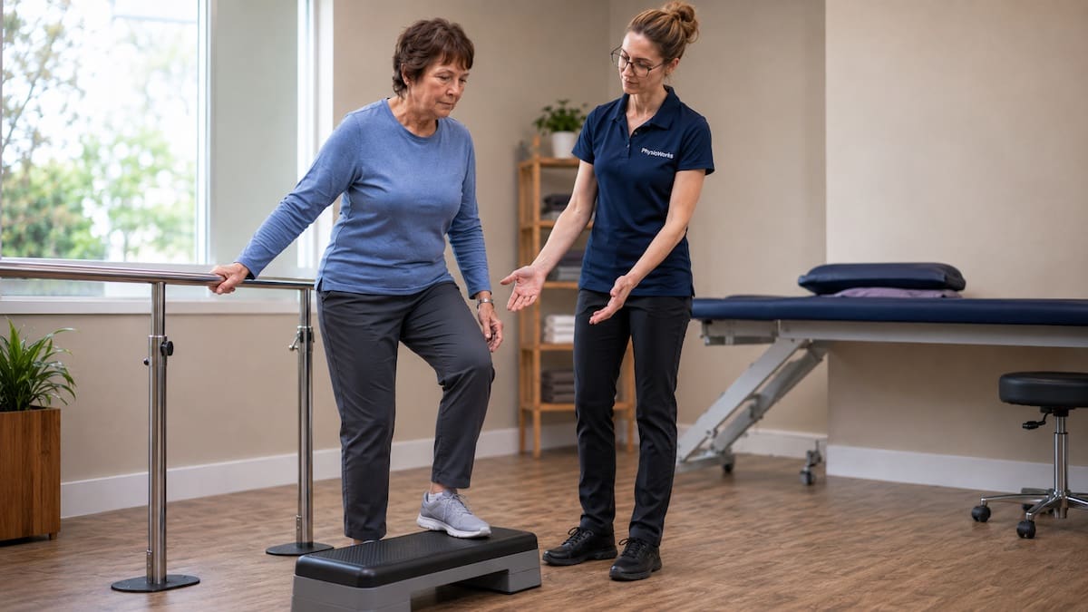 Older woman completing a low step-up while a physiotherapist coaches knee control