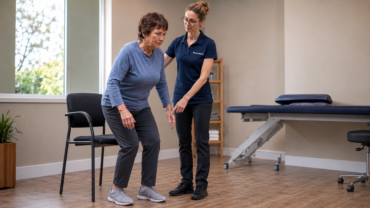 Knee arthritis sit-to-stand assessment with physiotherapist guiding an older woman