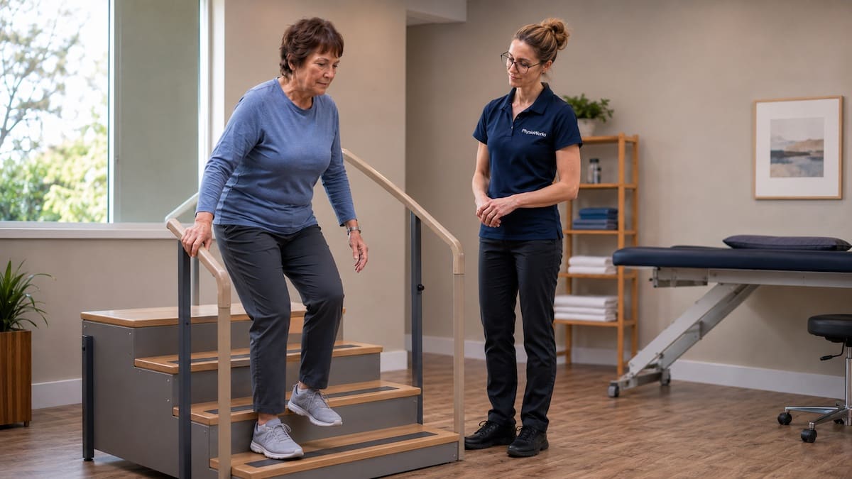 Older woman practising stairs while a physiotherapist provides close supervision