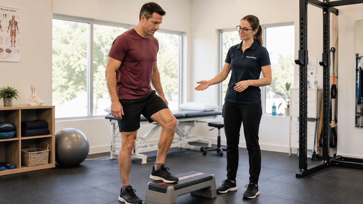 Leg pain step-down rehabilitation showing hip knee ankle and foot control