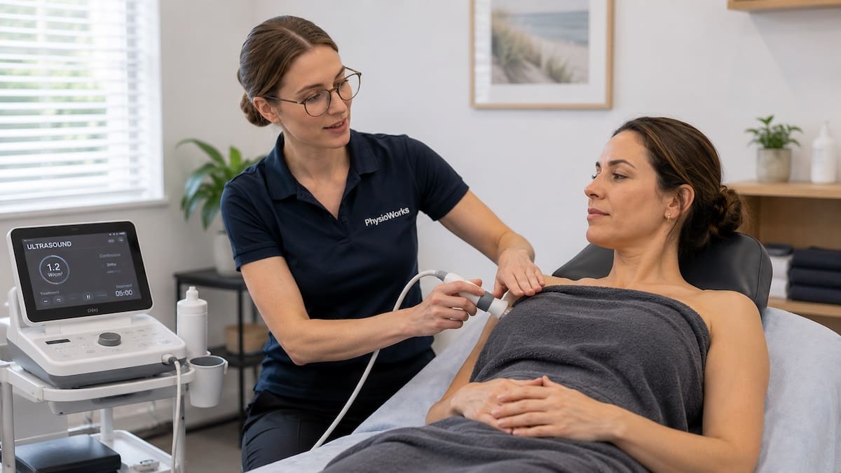 mastitis-physiotherapy-therapeutic-ultrasound-setup Mastitis physiotherapy therapeutic ultrasound setup near covered breast tissue