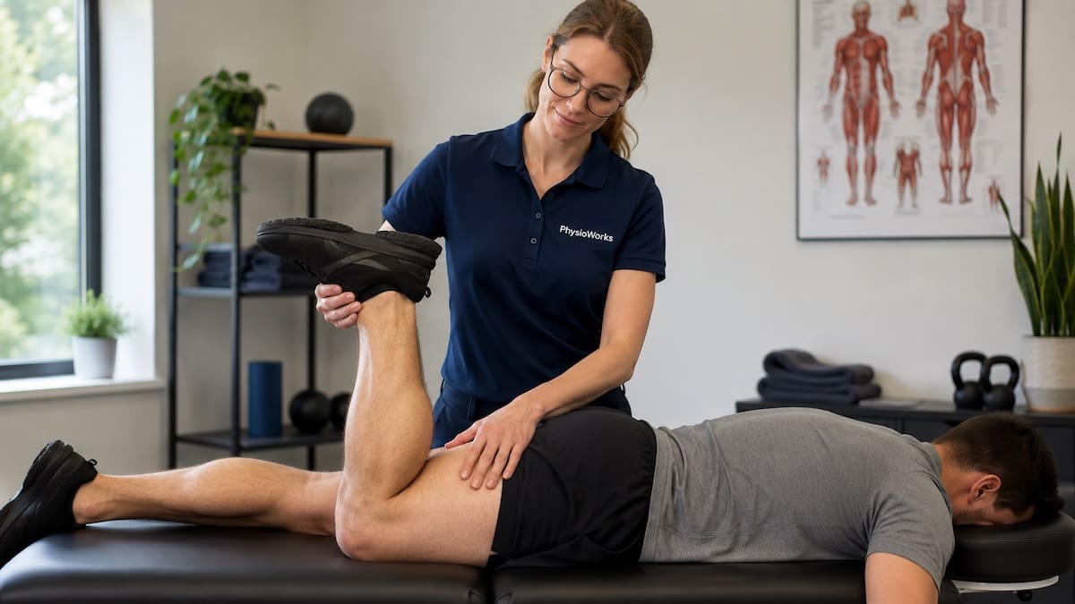 muscle pain hamstring assessment with physiotherapist checking resisted knee flexion