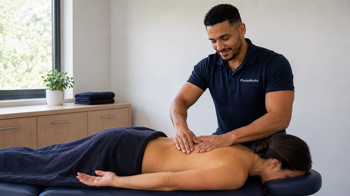 Myofascial release massage finishing strokes over upper back fascia