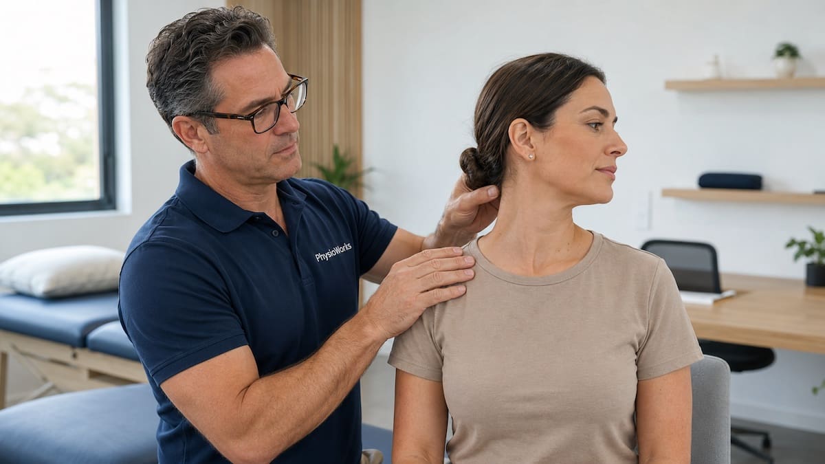 Neck pain causes cervical spine rotation assessment with physiotherapist