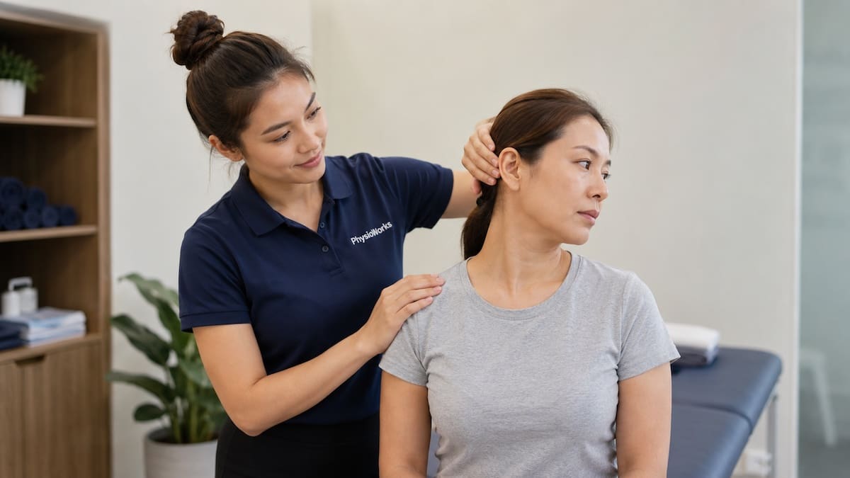 Neck sprain physiotherapy assessment checking cervical spine rotation and movement restriction