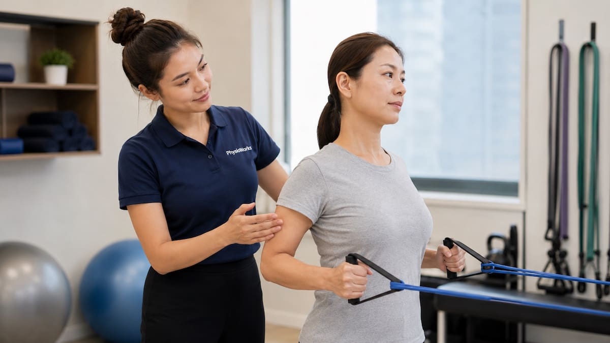 Neck sprain physiotherapy rehab using posture control and resistance band rows