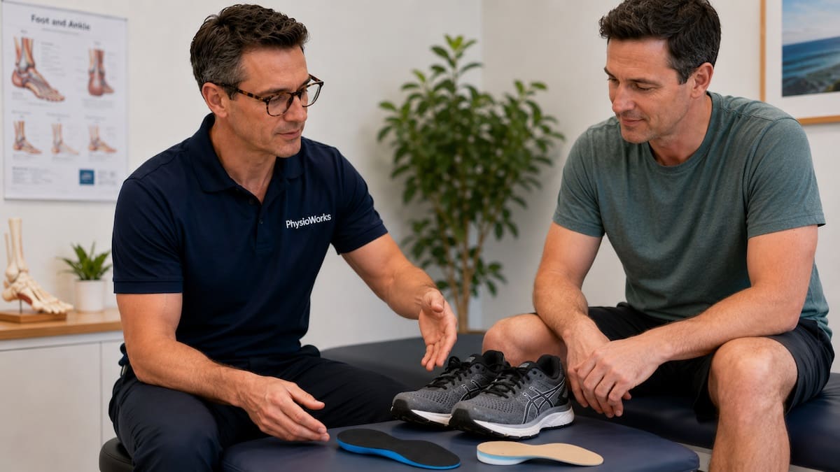 Orthotics Brisbane shoe insert comparison beside running shoes in clinic