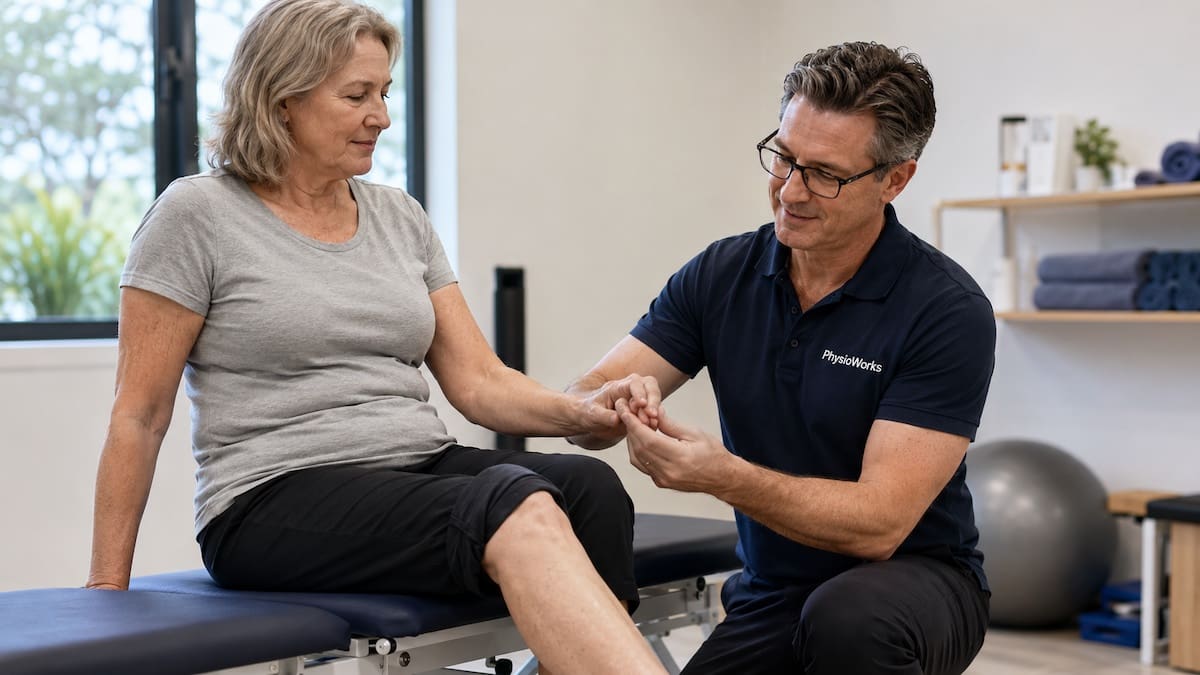 Physiotherapist assessing joint movement for osteoarthritis