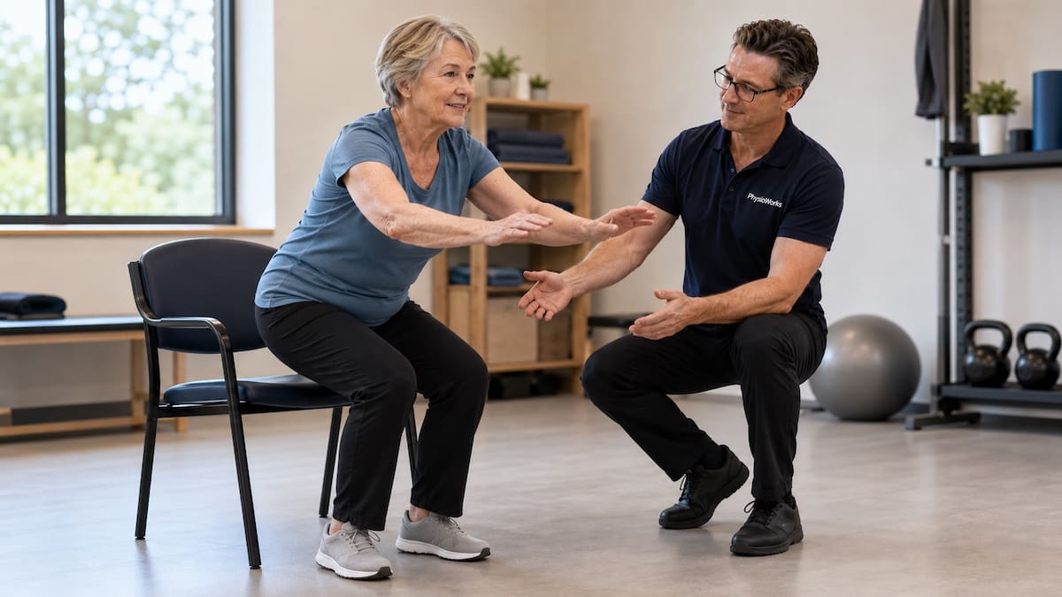 Physiotherapist coaching a sit-to-stand strength exercise for osteoarthritis