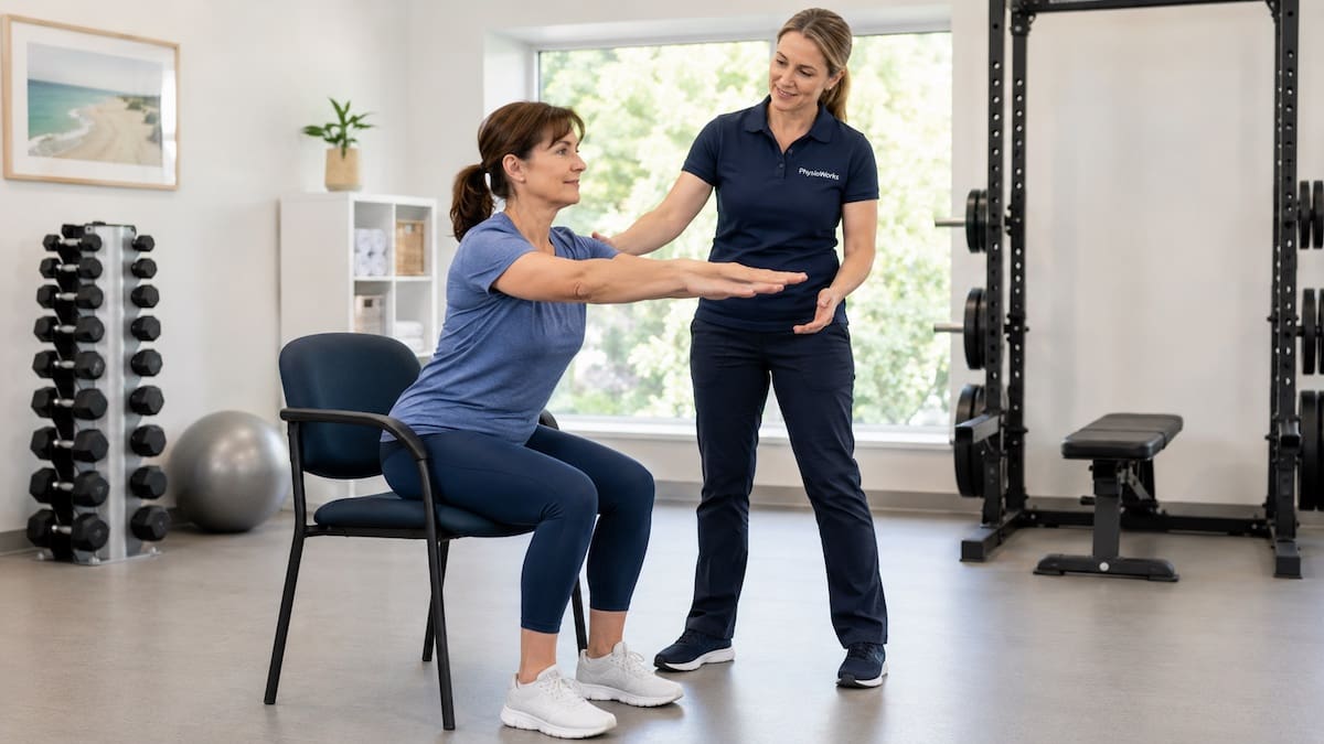 Perimenopause physiotherapy sit-to-stand strength exercise with guided hip and knee control